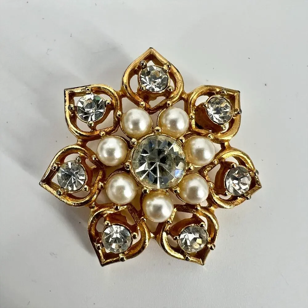 Vintage Sarah Coventry Brooch STARLIT Rhinestone Faux Pearl Gold Tone Costume